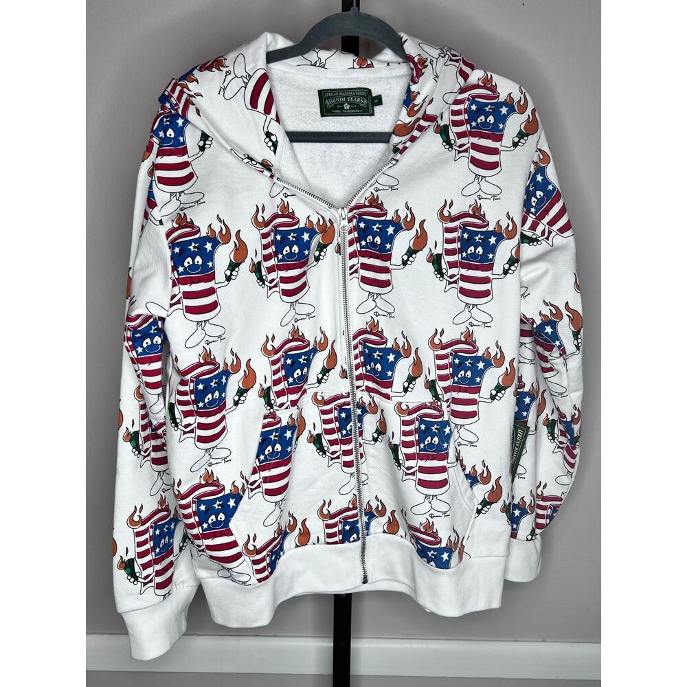 Denim Tears Firecracker Zip Hoodie White Graphic Flag Print Size Small NWOT